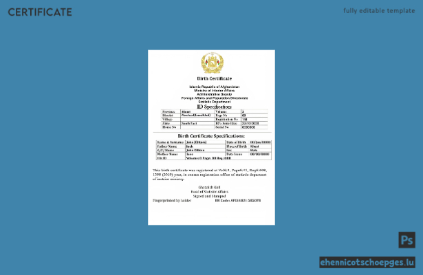 Afghanische Geburtsurkunde (bearbeitbare PSD-Datei), Version 2 – Beispielvorschau